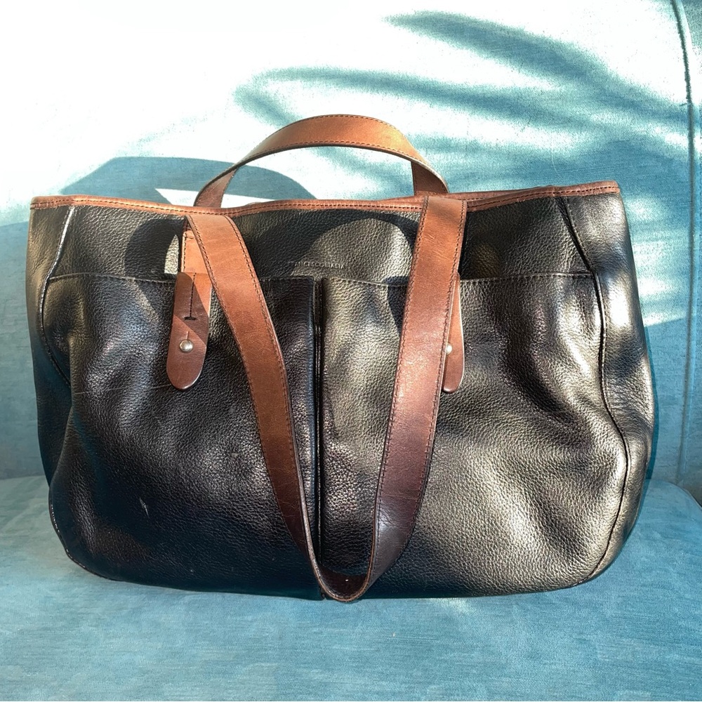 Francesco Biasia Italian Leather Carryall – Black with Chestnut Brown Trim